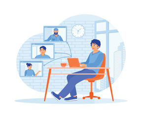 Man having virtual meetings with business colleagues. Chatting with business colleagues on the laptop screen. Video conference concept. Flat vector illustration.