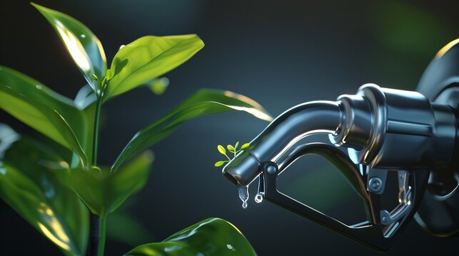 Eco-friendly gas pump with biofuel and sprouting green symbol. 3D render.