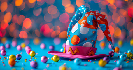 A colorful April Fools Day decoration background with a jester hat, perfect for festive celebrations and playful pranks. - obrazy, fototapety, plakaty