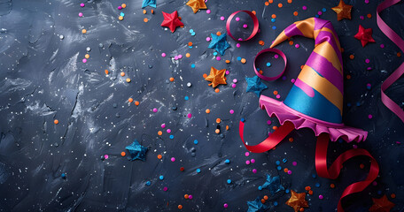 An April Fool's Day decoration background with a jester hat, perfect for holiday-themed designs and party invitations.