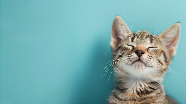 Happy smiling cat on blue background