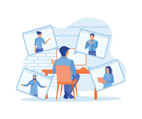 Business people are holding virtual meetings with colleagues. Discuss with each other during video conferences. Video conference concept. Flat vector illustration.