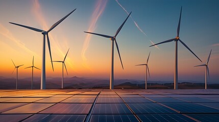 Renewable Energy Solutions Illuminated by Golden Hour Radiance Signaling a Commitment to Sustainable Environmental Guardianship - obrazy, fototapety, plakaty