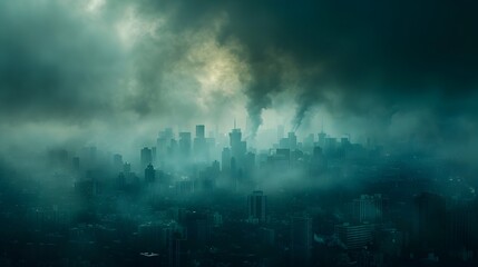 Ominous Cityscape Shrouded in Smog,Signaling Climate Crisis and Call for Urgent Action - obrazy, fototapety, plakaty