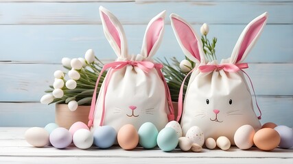 A picture of Easter bunny eggs and a happy Easter background. A bunny with an Easter egg perched on its nest, A lovely postcard. Banner. The idea of a colorful Easter vacation. Easter eggs and white 