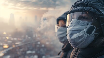 Fototapeta premium Masked Children Facing Pollution-Obscured City Highlights Need for Sustainable Practices