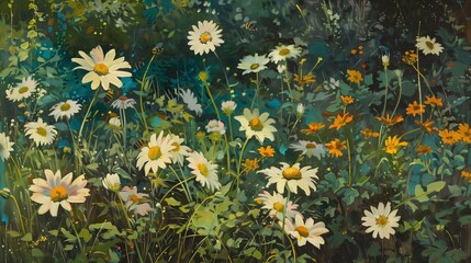 In the heart of a lush garden, a profusion of daisies blooms in riotous splendor.