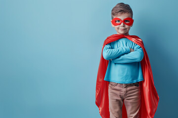 Little child is playing super hero, Boy in red superhero isolated on blue background.