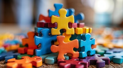 A stack of colorful jigsaw puzzle pieces arranged into a tower on a wooden background, representing fun, complexity, and strategy.