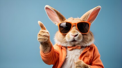 Funny and cute rabbit pointing finger at a copy space background while wearing a yellow shirt and bow tie. Adorable rabbit wearing shades against a blue backdrop