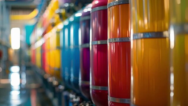A mive storage tank filled with a colorful array of liquid precursors each one labeled and sealed tightly before being shipped to clients around the world.