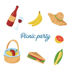 Vector illustration of food and drinks for an outdoor picnic. Colorful card for a barbecue party. Family weekend items. BBQ elements. Image of vegetables, fruits and picnic items.