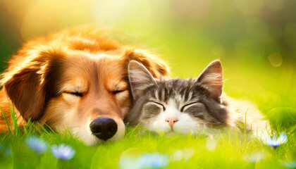 Closeup of a dog and a cat sleeping chilling relaxing together on a fresh green spring or summer meadow, illuminated by the sun. Generative Ai. - obrazy, fototapety, plakaty