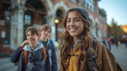 Pupils departing high school, one with a bike.