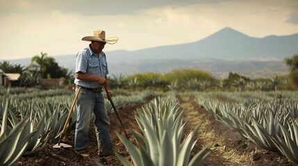 The agriculturist is clearing the agave plantation using his instrument. - obrazy, fototapety, plakaty