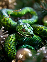 Fototapeta premium Green snake among Christmas ornaments, symbol of 2025, vertical. Green snake in festive decor. Emerald serpent in Christmas lights. Snake in holiday setting with baubles. Xmas and New Year background