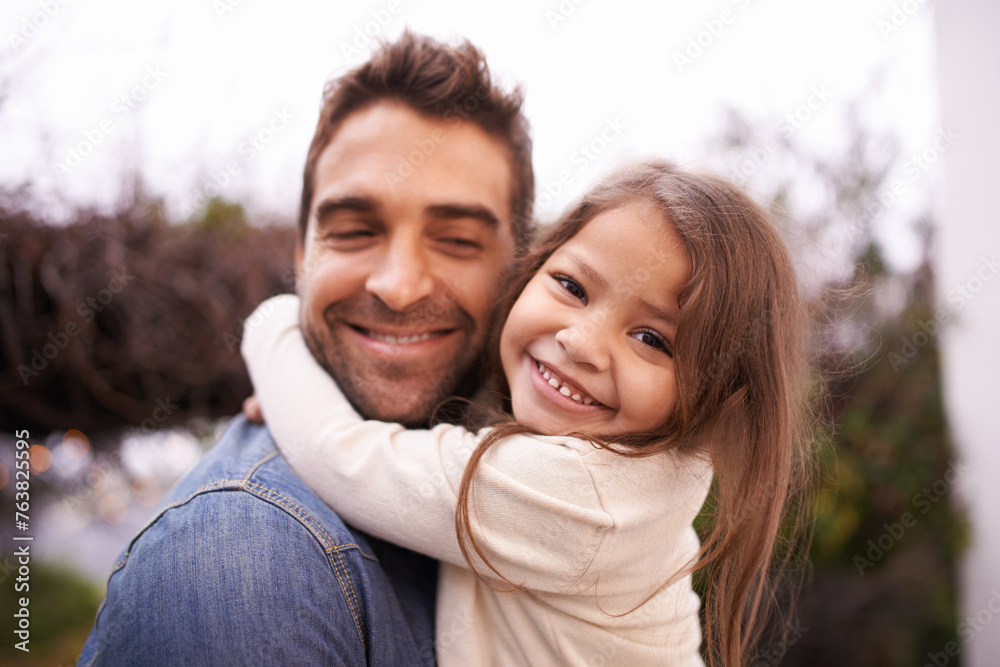 Poster Hug, love and father carry girl for bonding, outside and family for quality time. Portrait, parent and young daughter with smile in nature, embrace and happiness for vacation or travel with dad