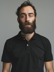 Fototapeta premium Intense portrait of a man with a full beard in a black polo shirt