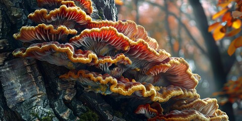Multicolored Trametes fungus growing on an aged tree.