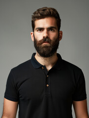 Fototapeta premium Young man with beard and stern look wearing a dark navy polo shirt