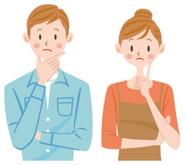 困った表情の若い夫婦　家計を考える夫婦のイラスト　疑問