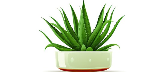 A houseplant, the aloe vera plant, sits in a white flowerpot against a white background. Its succulent leaves and flowering stem add a touch of greenery to the space