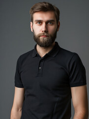 Fototapeta premium Bearded man with a neutral expression wearing a black polo shirt