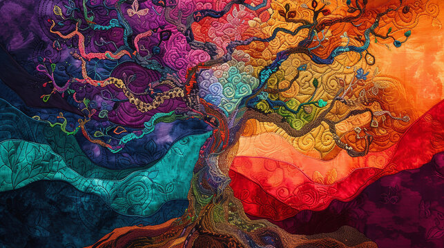 colorful yggdrasil tree pattern background made by embroidery
