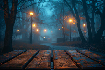 A solitary wooden table emerges from the mist in a foggy night park - obrazy, fototapety, plakaty