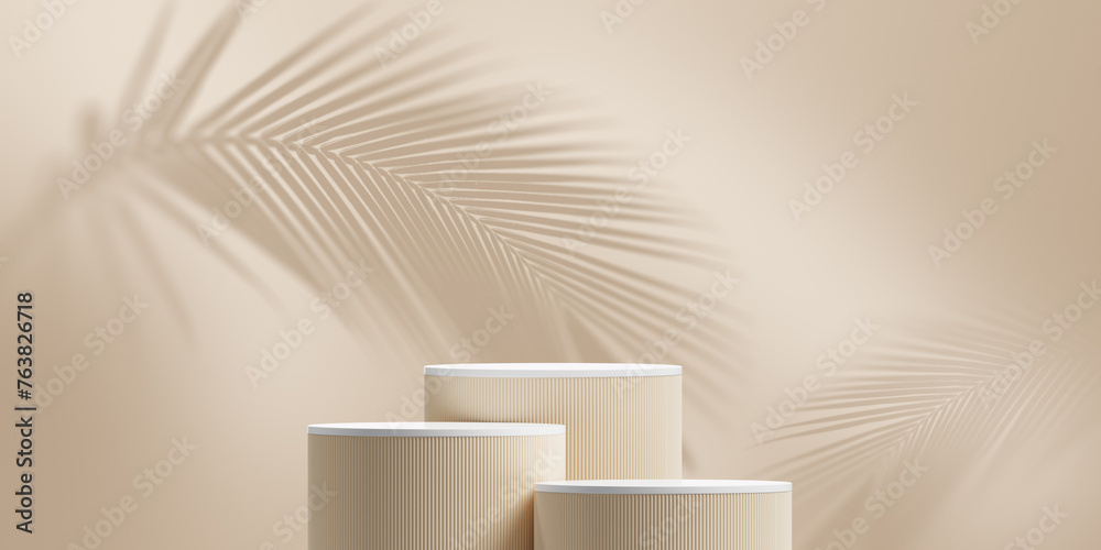 Poster summer podium display product beige background 3d stage with abstract light shadow minimal wall show