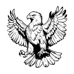 Intricately detailed line art of an eagle, depicted in black and white.