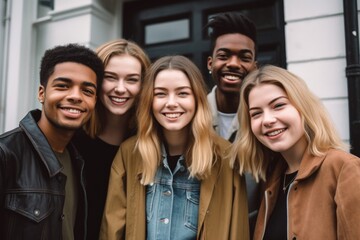 cropped shot of a group of friends standing outside - obrazy, fototapety, plakaty