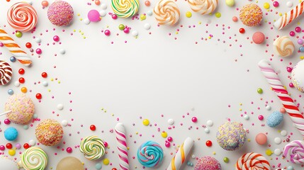 An assortment of colorful candies and confections artfully arranged around a blank central space, perfect for joyful messages or invitations.