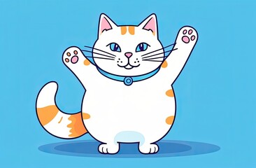 cute funny white cat waving paw and smile on blue background
