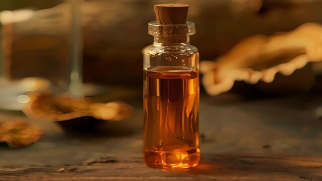 A small glass vial holding drops of potent herbal tincture made from a blend of ginseng astragalus and reishi mushrooms.