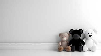 Three teddy bears in shades of white, black, and brown sit against a clean white background, a charming display of childhood nostalgia