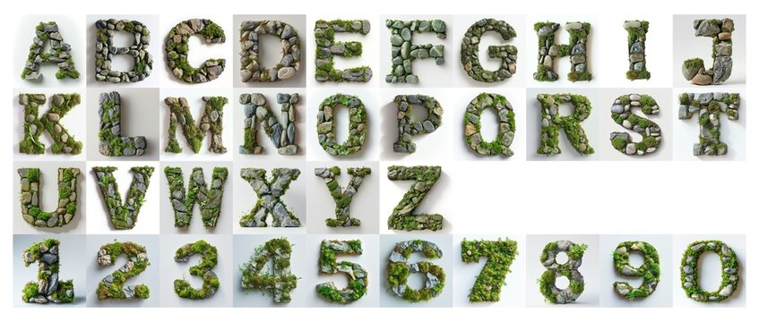 set of alphabet made of mossy stones isolated on white