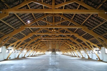 Wooden roof ceiling design at Historical building of Lawang Sewu, Old station in Semarang, Central Java. Construction of a wooden in interior decoration.