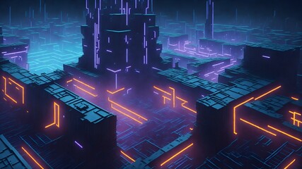  A sprawling neon-lit labyrinth resembling a fortress, with intricate pathways and barriers.Visual Elements Sentinel towers emitting vibrant neon beams to ward off intruders, while encryption nodes 