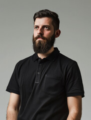 Obraz premium Pensive bearded man in a black shirt glances sideways in a modern studio setting