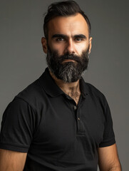 Obraz premium Commanding portrait of a bearded man with penetrating eyes and a black shirt