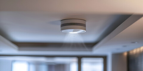 Interior of a modern building with the closeup of ceiling lights with smoke honest grinder.