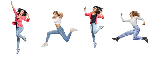 Full body side view young womans jump high.  Collage of jumping multinational people on free png background, panorama.