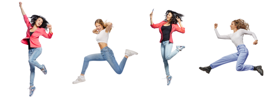 Full body side view young womans jump high.  Collage of jumping multinational people on free png background, panorama.