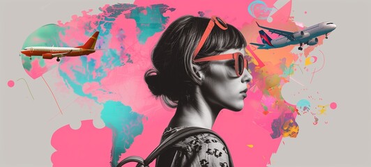 Surreal vintage cut-and-paste portrait of a woman with colorful travel-themed graphics overlaying her profile. The juxtaposition of airplanes, world maps, and vibrant splashes