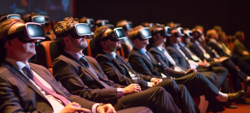 Corporate virtual reality experience. A row of business professionals seated in a conference hall, engaged with virtual reality headsets, ideal for themes related to tech events