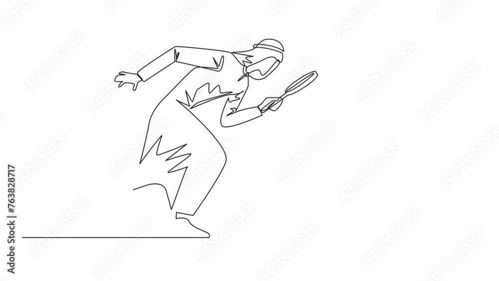 Poster self drawing animation of continuous one line drawing arabian businessman holding magnifying glass l