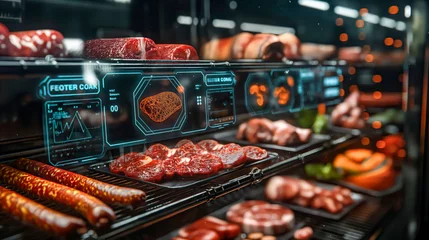 Fotobehang Futuristic Butcher Shop Display with Digital Price Tags and Assorted Meats  © Infini Craft