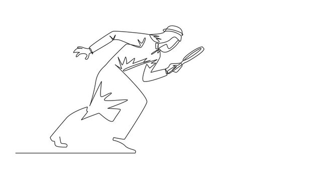 Self drawing animation of single one line drawing of Arabian businessman holding magnifying glass looking at globe. Analyze and map the territory to open the new business. Full length animated