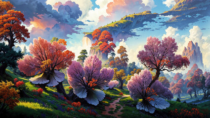Fototapeta na wymiar Fantasy spring landscape of a forest with surreal pink flower trees and floating islands in a sunset sky.